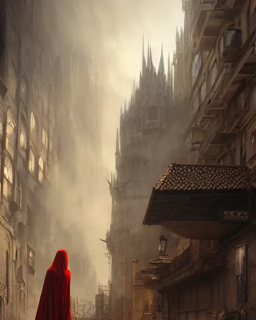 Prompt: cloaked woman, portrait, dirty alley, fantasy city, made of white stone and bright gold, built on the side of a volcano, gondor, misty, red gold color palette, medieval city, metropolis, gorgeous clouds, god rays, fantasy art, octane render, ureal engine, high detail, alphonse mucha, greg rutkowski, james gurney, johannes voss