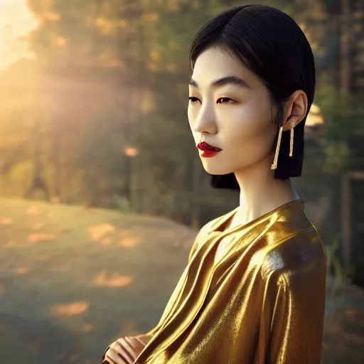 Prompt: innovative avant - garde art, deco fashion, asian women, highly detailed, photorealistic portrait by michael chavel, serene forest setting, golden hour, crisp quality and light reflections, octane render