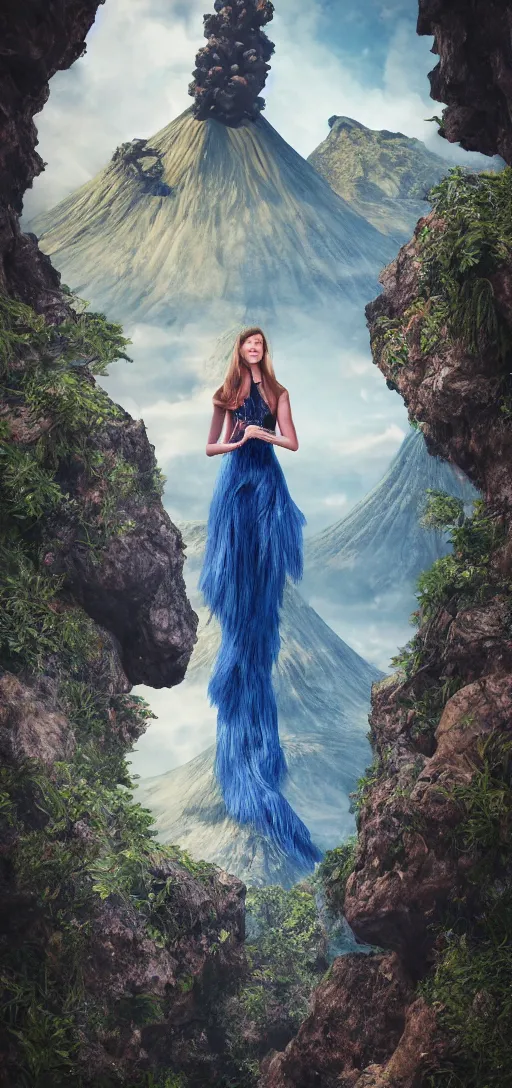 Image similar to a beautiful hyperrealistic ultradetailed 3D render girl in a magnificent dress stands near a volcano, voge photo, fashion style, Annie Leibovitz photostyle, octane render, 3D, brilliantly colored, intricate, wide angle, volumetric lighting, polished, path tracing