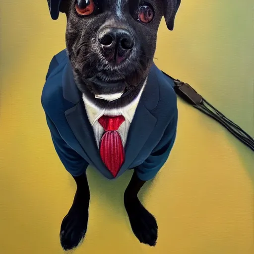 Prompt: an oil painting of a dog wearing a suit, dramatic lighting