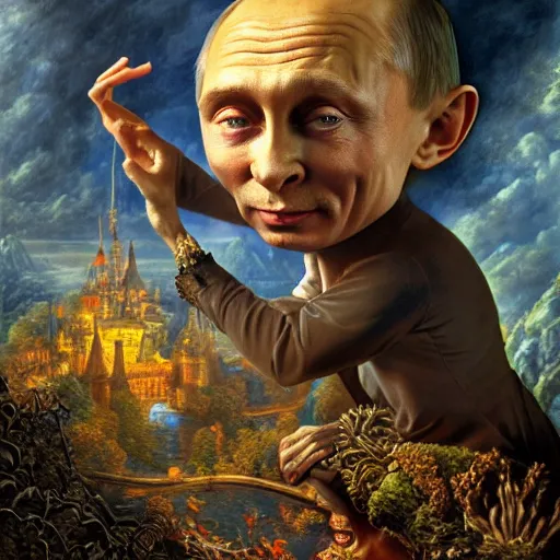 Prompt: Putin as Mystical Gollum, Realistic, Regal, Refined, Detailed Digital Art, Michael Cheval, Walt Disney (1937), François Boucher, Oil Painting, Steampunk, Highly Detailed, Cinematic Lighting, Unreal Engine, 8k