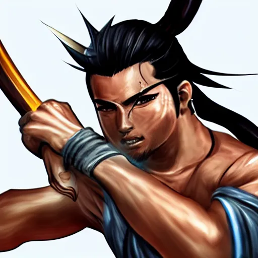 Image similar to Yasuo from League of Legends doing crunches, photorealistic, highly detailed