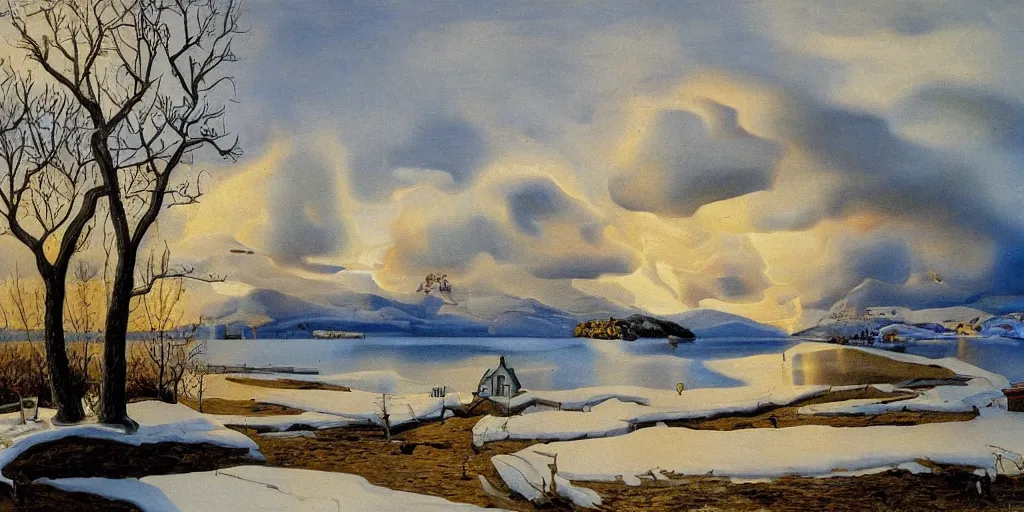 Image similar to an oil painting of a lakehouse in the winter painted by salvador dali, high detail,