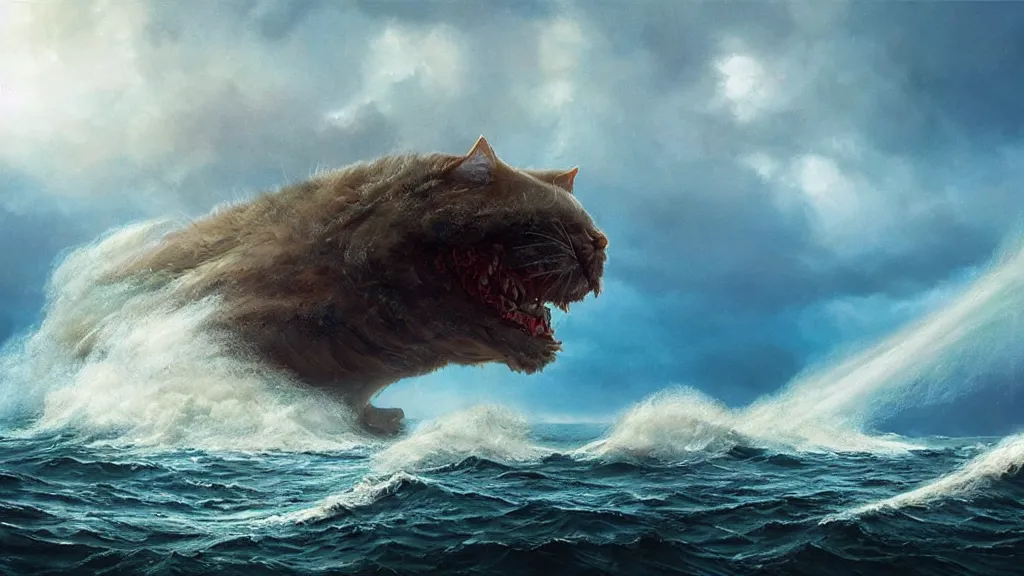 Prompt: a gigantic cat bursting out of a stormy sea attacking a small sail boat, wet fur, giant waves, sunbeams in background, intricate, detailed, volumetric lighting, sharp focus, scenery, photorealism, digital painting, highly detailed, concept art, by roger dean and simon stalenhag and mark brooks