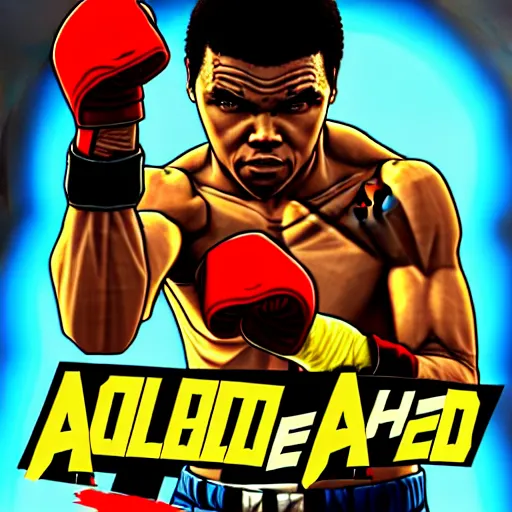 Image similar to [ muhammad ali ] cel - shaded like borderlands in the style ( gta poster art ) by andreas rocha and greg manchess 8 k character portrait