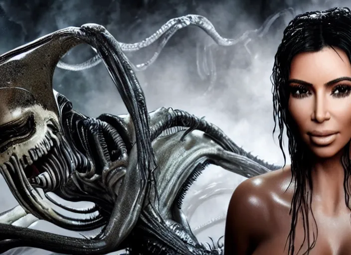 Image similar to film still of kim kardashian being licked by an xenomorph slathered in a transparent alien liquid, wet flowing hair, gooey skin, illustration, unreal engine 5, 8 k, directed by h. r. giger.