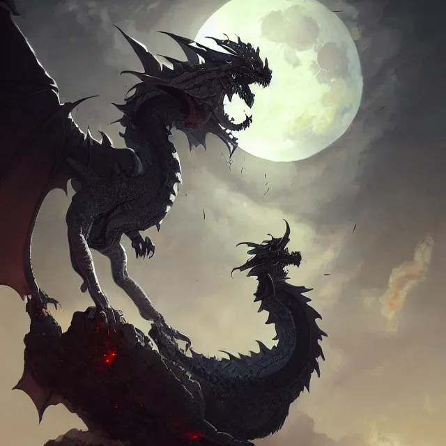 Image similar to a painting of a moon dragon by greg rutkowski, dark fantasy art, high detail, trending on artstation