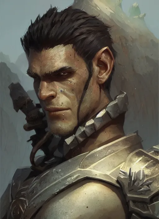 Prompt: lanky young half - orc warrior wearing brownleatherarmor, buzzcut, art by greg rutkowski and magali villeneuve, d & d, fantasy, portrait, highly detailed, headshot, digital painting, trending on artstation, concept art, sharp focus, illustration