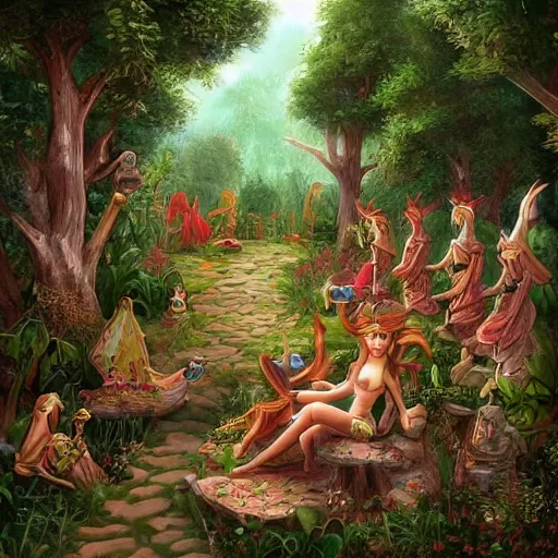 Image similar to highly detailed commune of !!!!!hedonist!!!!! (((((elves))))). the (((((elves))))) are carefree and playful. digitally painted forest scene. The (((((elves))))) each have the face of famous musician !!!!!Ed Sheeran!!!!!. pixiv, artbreeder. high quality art