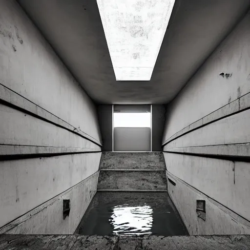 Image similar to dingy abandoned concrete room, triangular room, gray, museum, concrete staircase leading down, staircase flooded with water to create a moon pool, Photograph, found footage, dark, dingy.