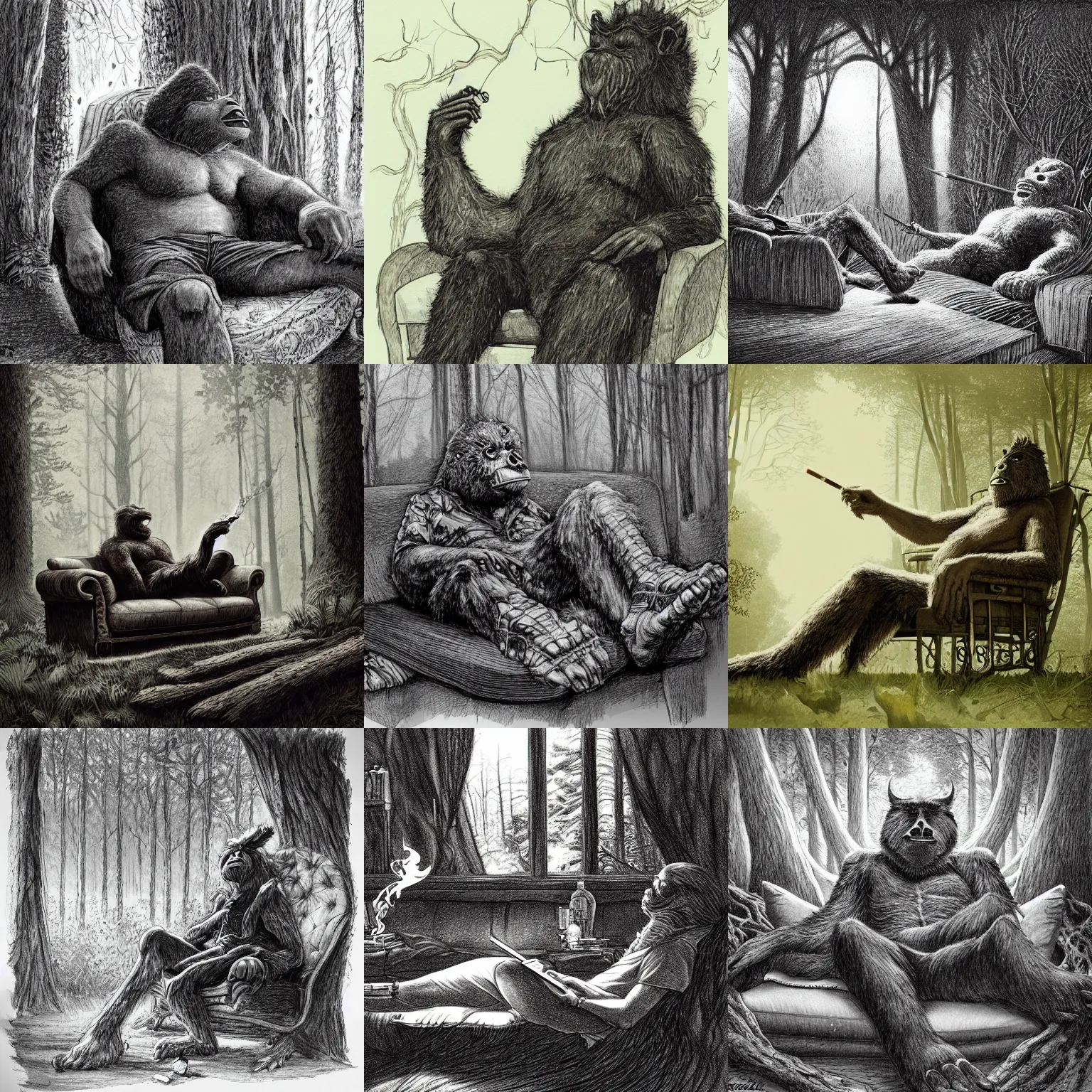 Prompt: elegant, intricate detail, big foot chilling out on sofa in the woods smoking weed, by greg rutkowski dynamic wide angle lens, pencil and ink, dramatic lighting,