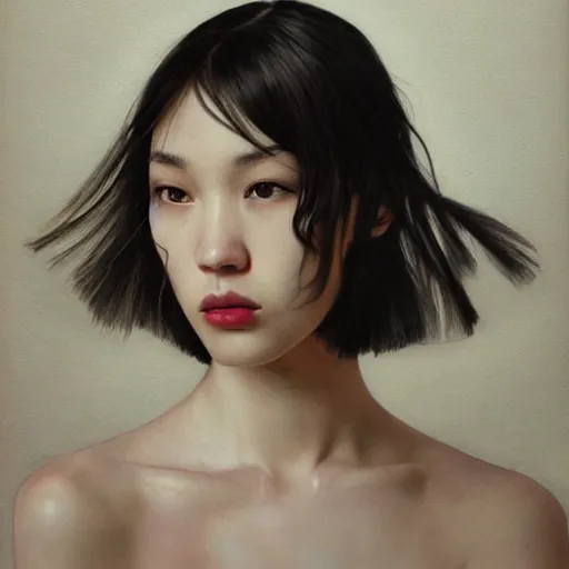 Image similar to Kiko Mizuhara, physically accurate, very dramatic dynamic lighting, intricate, very very elegant, highly detailed, digital painting, artstation, very hyperrealistic, very HR GIGER, very Bensinski, Hieronymus Bosch, Francis Bacon, concept art, smooth, sharp focus, illustration, art by artgerm and greg rutkowski and alphonse mucha