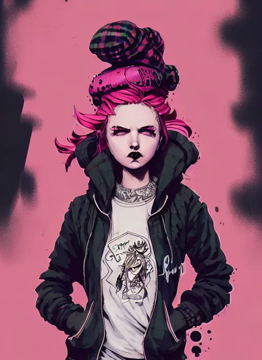 Image similar to highly detailed portrait of a sewer punk lady, tartan hoody, blonde ringlet hair by atey ghailan, by greg rutkowski, by greg tocchini, by james gilleard, by joe fenton, by kaethe butcher, gradient magenta, black, blonde cream and white color scheme, grunge aesthetic!!! ( ( graffiti tag wall background ) )