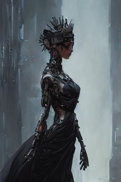 Prompt: laying beautiful painting of a crowned robotic cyberpunk princess in a gothic dark flowing gown laying, intricate, elegant, highly detailed, digital painting, artstation, concept art, by krenz cushart and artem demura and william adolph bouguereau