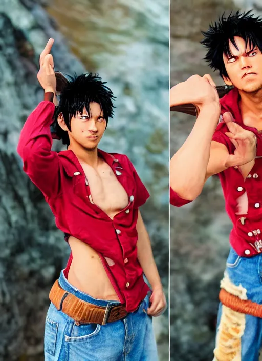 Image similar to A full portrait photo of real-life luffy one piece, f/22, 35mm, 2700K, lighting, perfect faces.