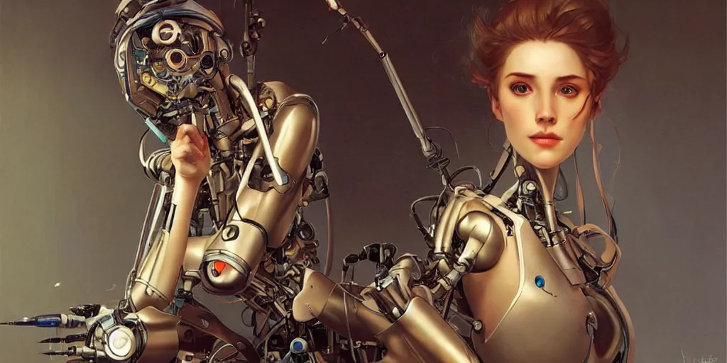 Prompt: female robot holding paintbrush, cybernetic paintbrush, robotic arm, incredibly detailed face, pretty face, true anatomy, art by artgerm and greg rutkowski and alphonse mucha