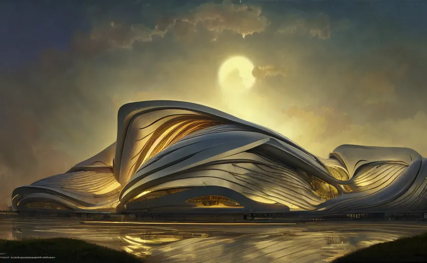 Image similar to exterior shot of utopian architecture building with cinematic lighting by zaha hadid and renzo piano, darek zabrocki and greg ruthkowski, alphonse mucha, simon stalenhag, cinematic, beautiful, holy place, paradise, scifi, futurism, atmospheric, sunset, award winning, concept art, artstation, trending on artstation