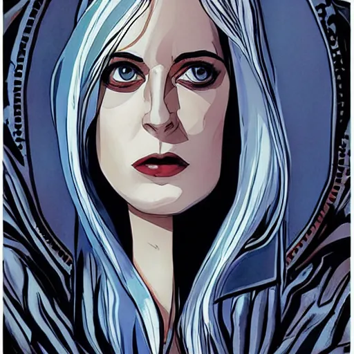 Image similar to Phil Noto comic art, wide shot, stunning elegant female Eva Green, Indigo Magician, beautiful evil sneer, symmetrical face, symmetrical eyes, leather clothing and boots, long straight red hair, full body, Indigo occult pattern