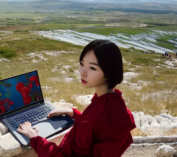 Image similar to Lee Jin-Eun hacking a laptop at Pamukkale by Martine Johanna, rule of thirds, seductive look, beautiful