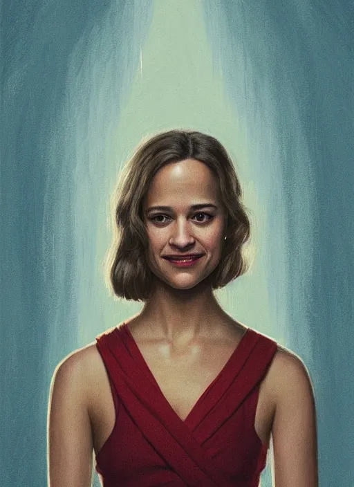 Prompt: twin peaks movie poster art, portrait of a smiling alicia vikander, from scene from twin peaks, clean, simple illustration, nostalgic, domestic, highly detailed, digital painting, artstation, concept art, smooth, sharp focus, illustration, artgerm, donato giancola, joseph christian leyendecker, wlop