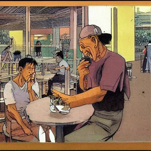 Prompt: concept art of an old singaporean man wearing a singlet drinking coffee in a hawker centre, by moebius