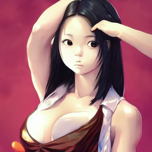 Image similar to a beautiful young japanese hitomi tanaka alluring instagram model in elaborate latex tank top, jrpg tank top made from latex demon faces, concept art by akira toriyama and wlop and ilya kuvshinov and artgerm and studio ghibli, aesthetic, gorgeous, stunning, alluring, attractive, artstation, deviantart, pinterest, digital art