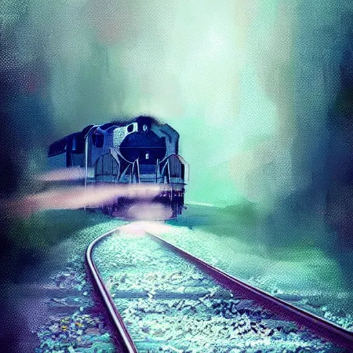 Prompt: a train filled with ethereal spirits travelling to the after life impressive scene. grainy and rough. soft colour scheme. beautiful artistic detailed digital art