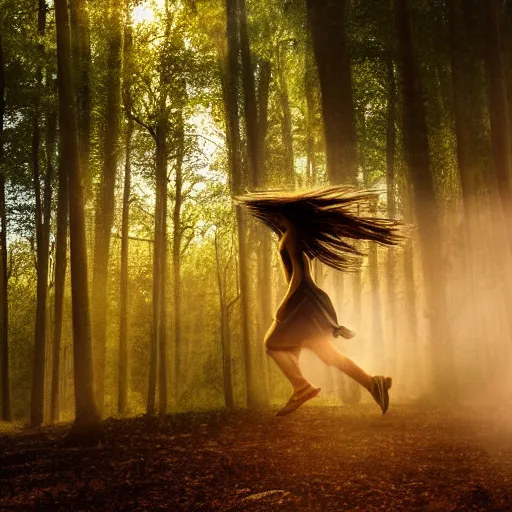 Prompt: a award winning photo of a woman spirit running in a forest, volumetric light effect