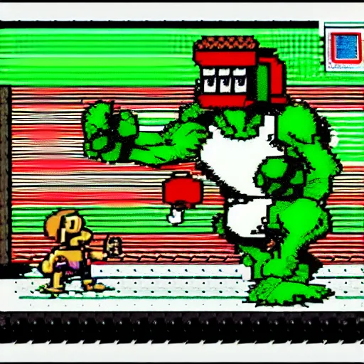 Prompt: extreme long shot, 8 bit nes graphics. antropomorphic muscular masculine pepe the frog. kickboxer fighter, in shorts. wolf head. art from nes game cartridge