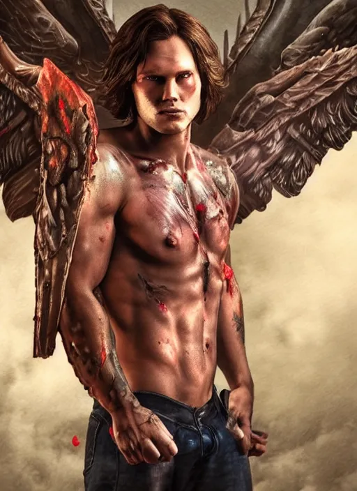 Image similar to Sam Winchester as a muscular angel with religious tattoos on chest and neck, stained and bleeding, magic overlays, magic flames, romance book cover style, D&D illustration style, (octane render) fantasy style, sharp focus, ultra detailed, art by Artgerm and Peter Andrew Jones, Ayami Kojima, Amano and Olivier Ledroit