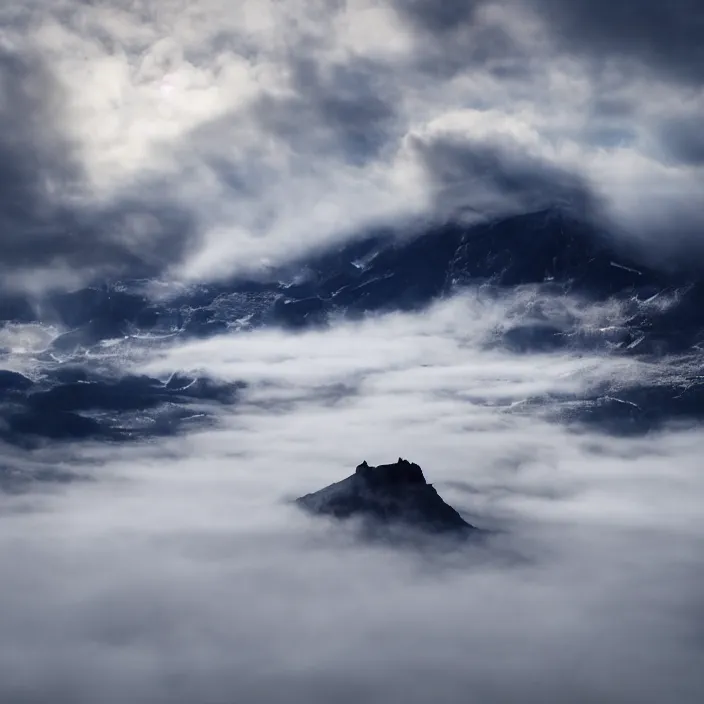 Image similar to award winning photo of floating glacier in the sky surrounded by clouds and mist, mysterious,