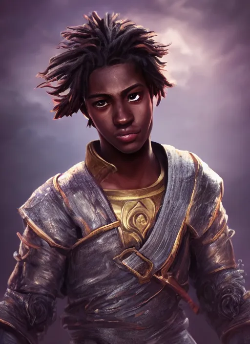 Image similar to An epic fantasy comic book style portrait painting of a young dark skinned long haired boy peasant with intelligent eyes, unreal 5, DAZ, hyperrealistic, octane render, cosplay, RPG portrait, dynamic lighting