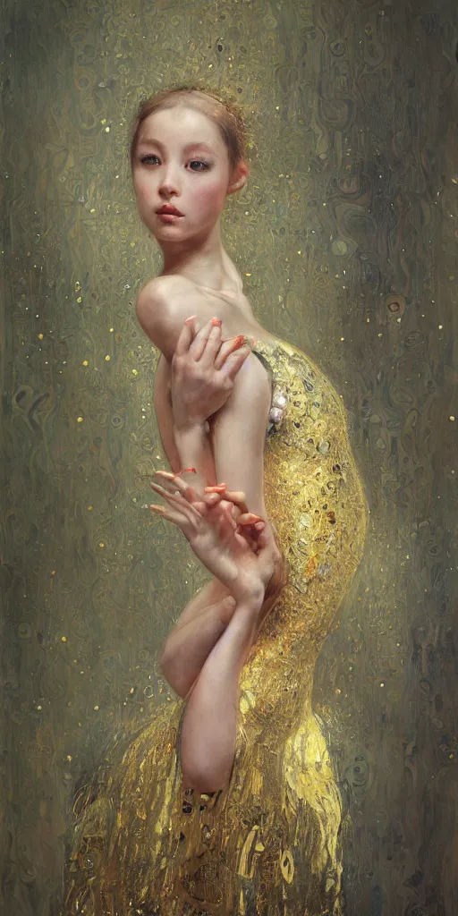 Image similar to an intricate portrait painting of an artistic pose young beautiful ballerina, klimt golden motives and textures, hyper - detailed, octane render, vivid colors, artstation, by jeremy mann, by gustav klimt