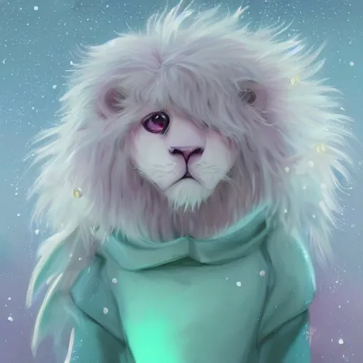 Image similar to aesthetic portrait commission of a albino male furry anthro lion under a lavender bubble filled while wearing a cute mint colored cozy soft pastel winter outfit with pearls on it, winter Atmosphere. Character design by charlie bowater, ross tran, artgerm, and makoto shinkai, detailed, inked, western comic book art, 2021 award winning painting