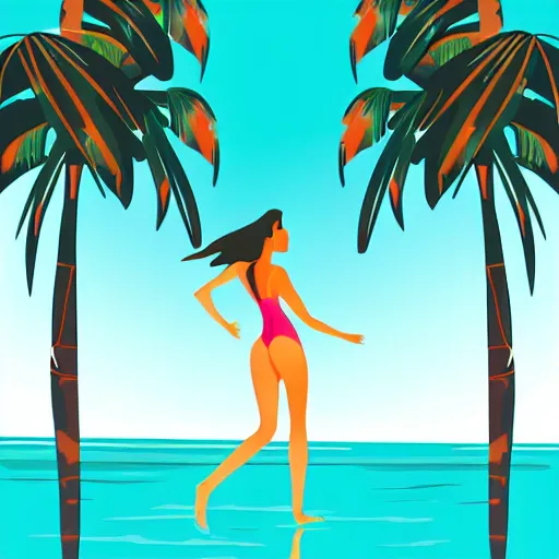 Prompt: a beautiful illustration of a woman in a swimsuit on the beach with palm trees by hed kandi, adobe illustrator