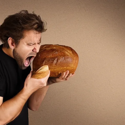 Image similar to man angrily shouting at a loaf of bread, 4 k