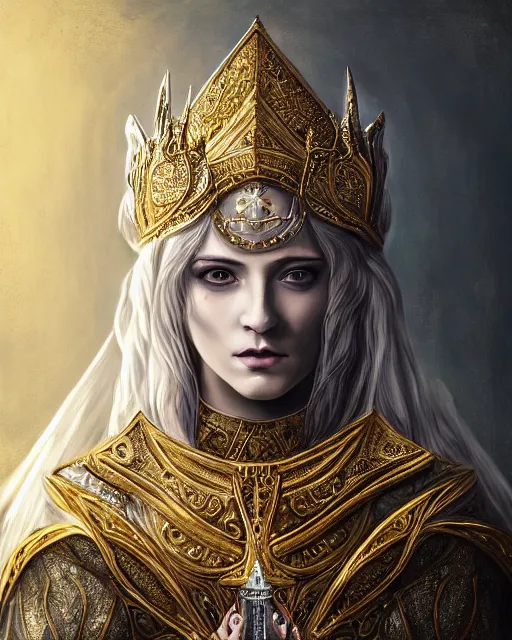 Image similar to highly detailed sharp photorealistic portrait of a beautiful female priestess with shimmering hair, symmetrical face and eyes, dressed in intricate silk and gold,holding sacred scripture, cgsociety, Elden Ring, Dark Souls, Bloodborne