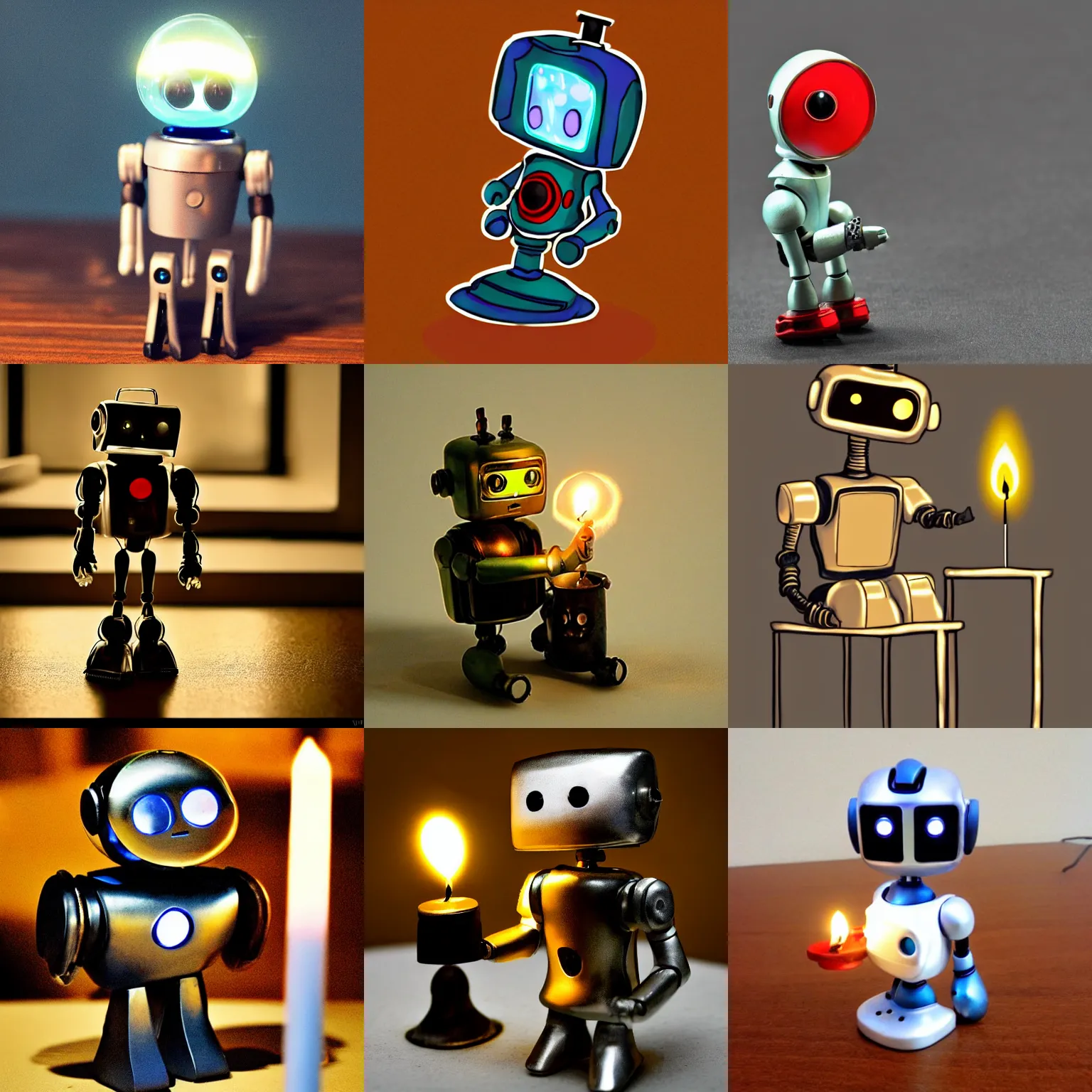 Prompt: a cute little robot, sit on a pin with a lit candle in the background by maxvanzwerg