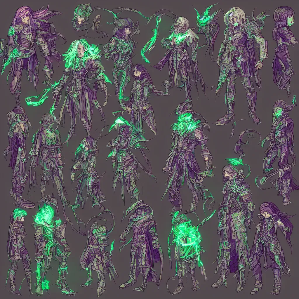 Prompt: highly detailed concept art mage with long hair wearing glitch - art pixellated armor, cel shaded graphics, character sheet