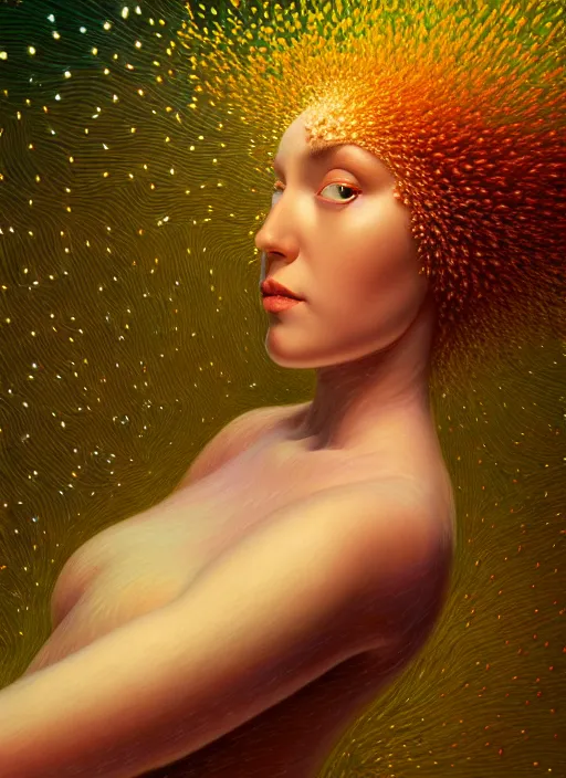 Image similar to hyper detailed 3d render like a Oil painting - Aurora (Singer) Eats of the Strangling Fruit and Her delicate Hands hold of gossamer thin polyp celium blossoms bring iridescent fungal flowers whose spores black the foolish stars by Jacek Yerka, Mariusz Lewandowski, Houdini algorithmic generative render, Abstract brush strokes, Masterpiece, Edward Hopper and James Gilleard, Zdzislaw Beksinski, Mark Ryden, Wolfgang Lettl, hints of Yayoi Kasuma, octane render, unreal engine 5 render, 8k