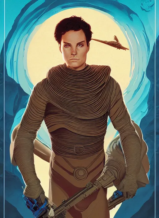 Prompt: Dune poster artwork by Michael Whelan and Tomer Hanuka, Rendering of portrait of Paul Atreides, full of details, by Makoto Shinkai and thomas kinkade, Matte painting, trending on artstation and unreal engine