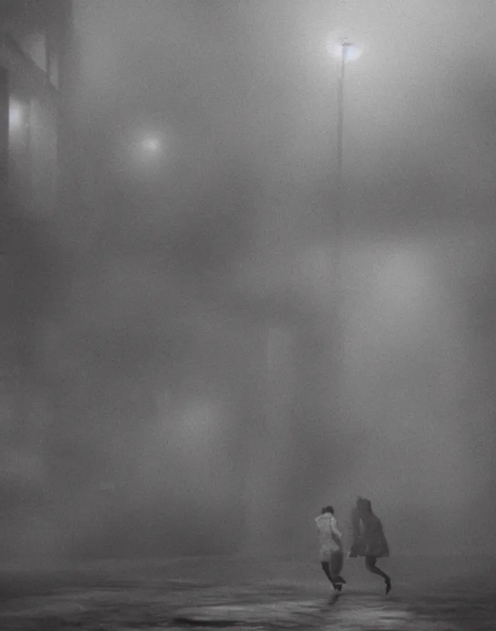 Image similar to very low - resolution found footage of a couple escaping in the city from a starfish kaiju monster, fog, foggy, korean film noir, monochrome, red hue, thriller, underdeveloped, epic, dramatic