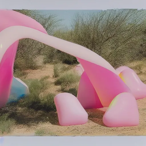 Image similar to a pastel colour high fidelity wide angle Polaroid art photo from a holiday album at a pink desert with abstract inflatable parachute furniture, all objects made of transparent iridescent Perspex and metallic silver, no people, iridescence, nostalgic