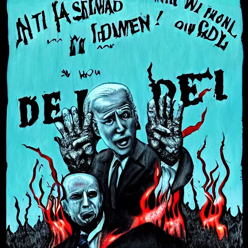 Prompt: biden in hell, scary art in the style of a poster for a movie in a cinema, art in 4 k, detailed details