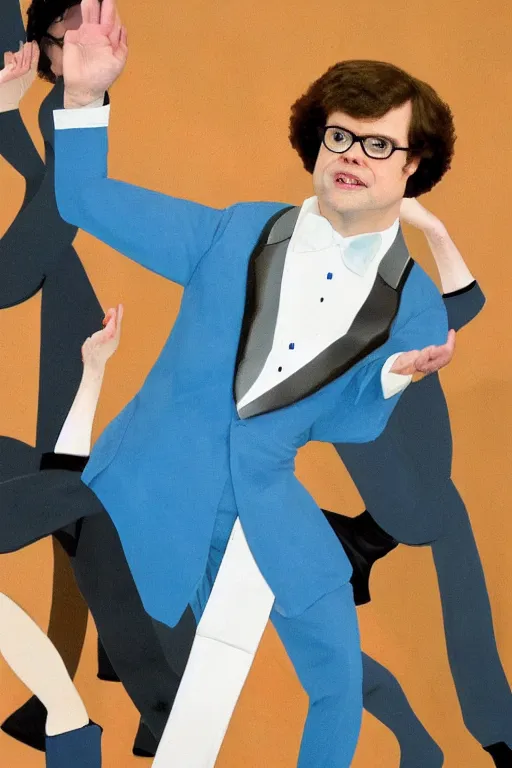 Prompt: dwight schrute wearing a pale blue tuxedo doing ballet at the republican national convention, cubism, bob ross, hyperrealism