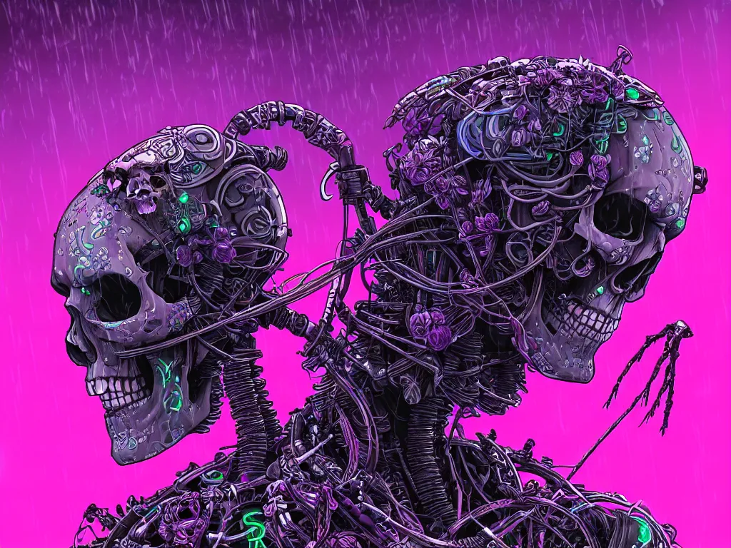 Image similar to high detailed lone dead android skull samurai with plants growing around the neck in a cyberpunk rainy city at night by Josan Gonzalez, purple and pink and blue neons, unreal engine, high quality, 4K, UHD, trending on ArtStation, wires, blade runner vibes, ghost in the shell, akira, dorohedoro