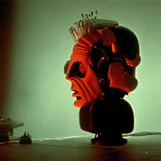 Prompt: The man with robot head, cinematic composition, movie by David Lynch and David Cronenberg