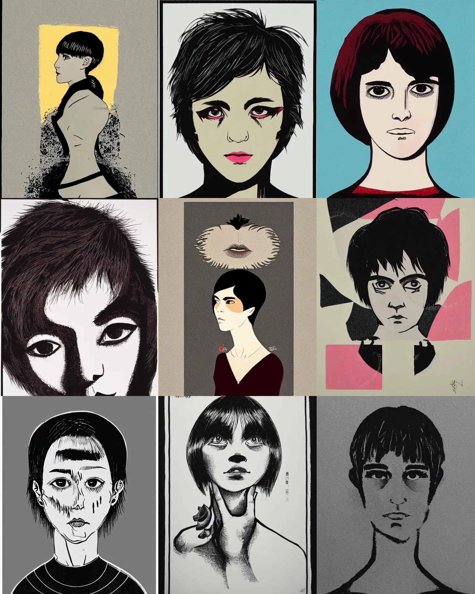 Prompt: A silkscreen print serigraph. Her hair is dark brown and cut into a short, messy pixie cut. Her sclerae and irises are saturated by a very dark pigment, causing her eyes to appear completely pitch black!!! She has a slightly rounded face, with a pointed chin, large empty eyes, and a small nose. She is wearing a black leather jacket, a black knee-length skirt, a black choker, and black leather boots.
