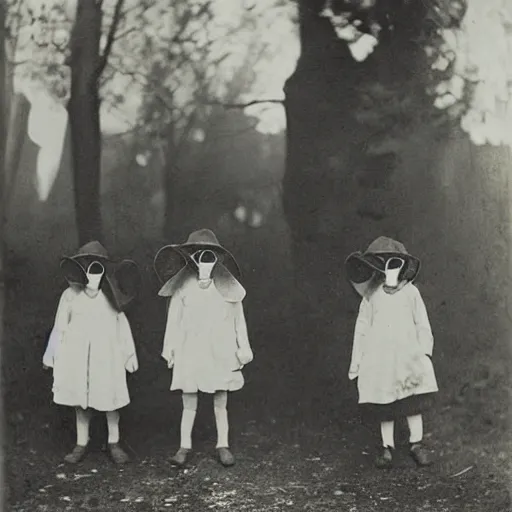 Prompt: portrait of children wearing plague masks, photograph, style of atget, 1 9 1 0, creepy, dark