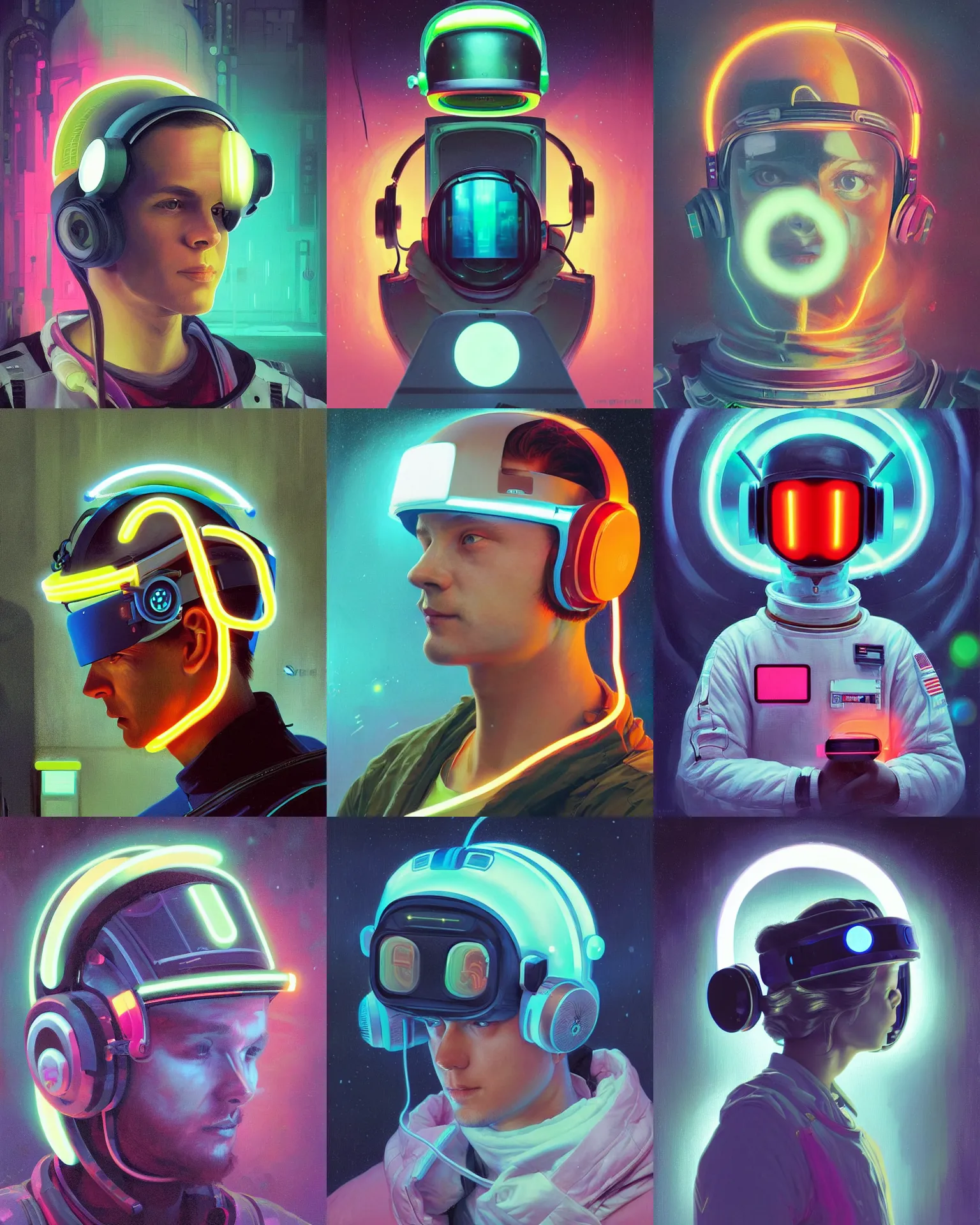 Prompt: finnish future coder looking on, glowing visor over eyes and sleek neon headphones, neon accents, desaturated headshot portrait painting by dean cornwall, ilya repin, rhads, tom whalen, alex grey, alphonse mucha, astronaut cyberpunk electric fashion photography